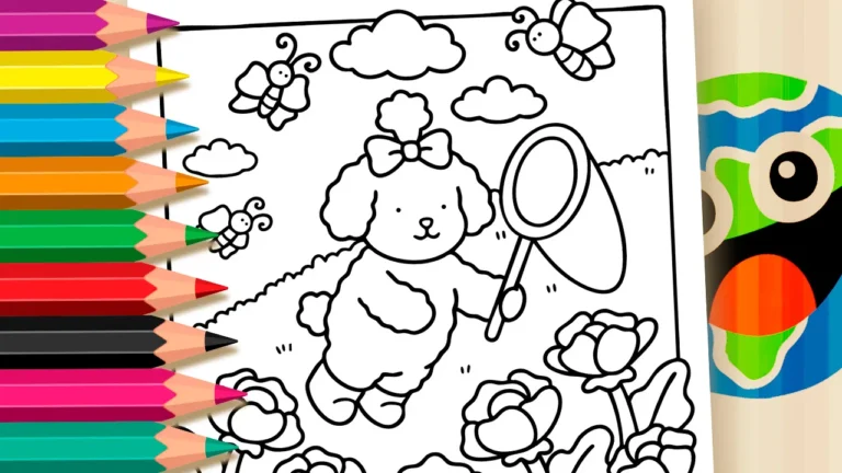 Poodle estilo Bobbie Goods e borboletas no jardim: desenho para colorir