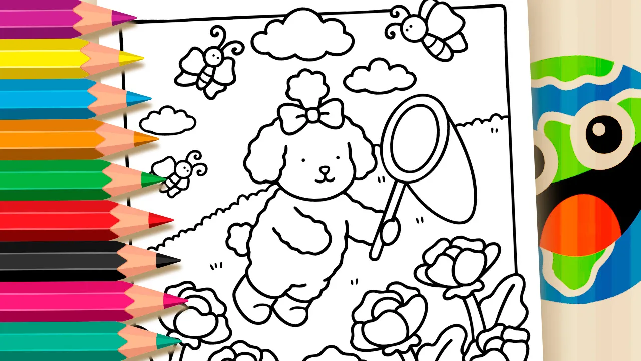 Poodle estilo Bobbie Goods e borboletas no jardim: desenho para colorir