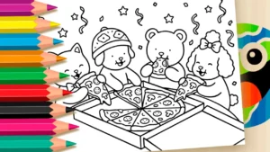Desenho para colorir Amigos Bichinhos na Festa da Pizza – Colorir Online
