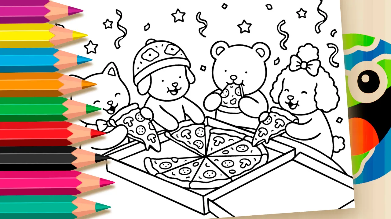 Amigos Bichinhos na Festa da Pizza – Colorir Online