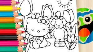 Desenho para colorir Hello Kitty e Cachorrinha Bobbie Goods no Jardim