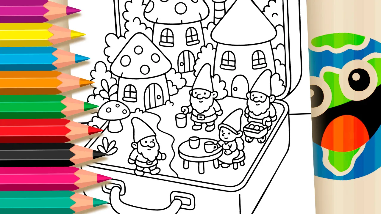 Vila de Anões na Mala para Colorir: Mundo Kawaii