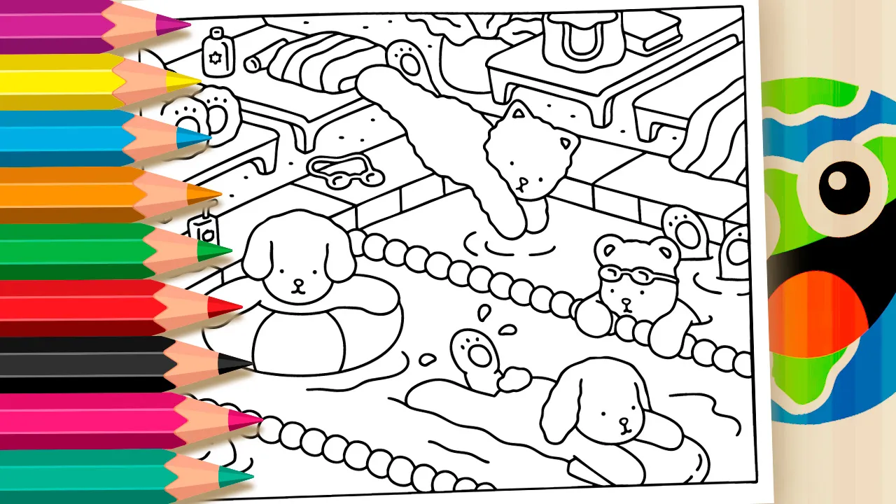 Bichinhos Fofos na Piscina estilo Bobbie Goods para Colorir