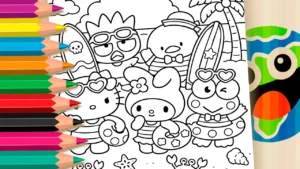Sanrio na Praia: Hello Kitty e Amigos para Colorir