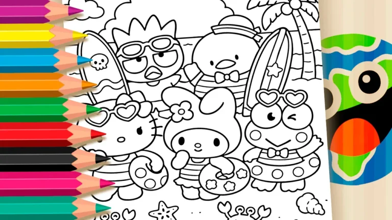 Sanrio na Praia: Hello Kitty e Amigos para Colorir