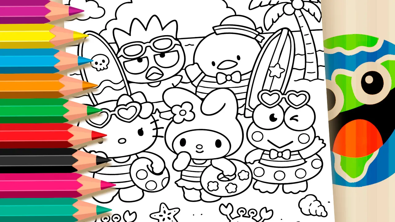 Sanrio na Praia: Hello Kitty e Amigos para Colorir