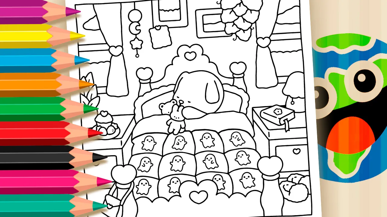 Desenho de Quarto Aconchegante com Colcha de Fantasmas