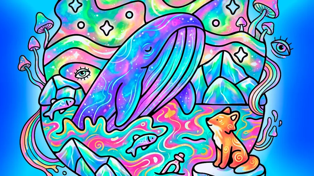 A linda apresentação da baleia mágica com cores maravilhosas.