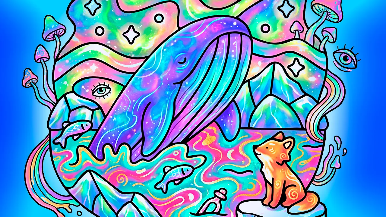 A linda apresentação da baleia mágica com cores maravilhosas.
