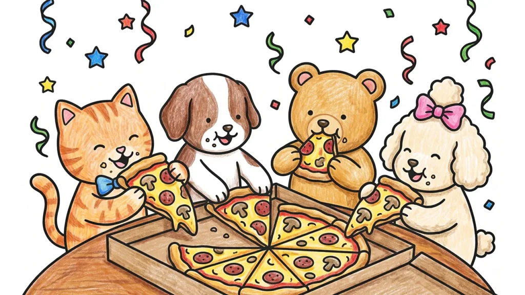 Desenho colorido da festa da pizza com os amigos Estilo Bobbie Goods