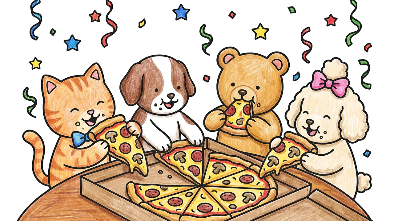 Desenho colorido da festa da pizza com os amigos Estilo Bobbie Goods