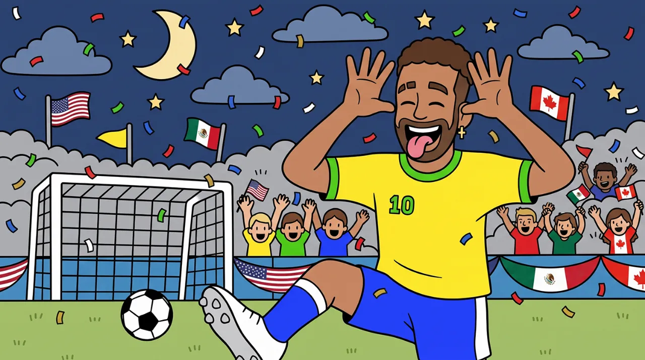 Desenho colorido de Neymar jogando na Copa do Mundo 2026.