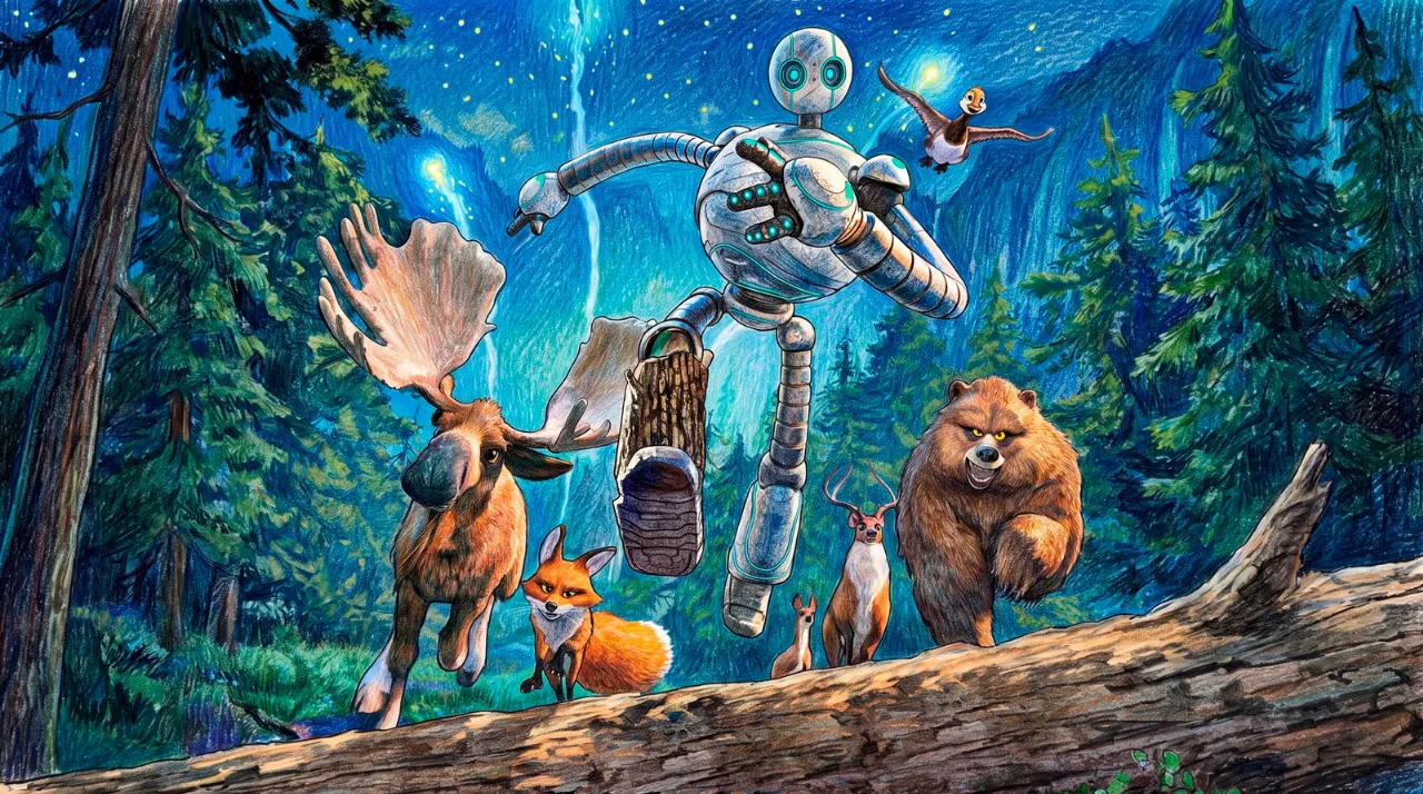 Aventura e natureza se unem: a robô Roz e os animais da floresta em uma arte estilo lápis de cor, do filme Robô Selvagem.