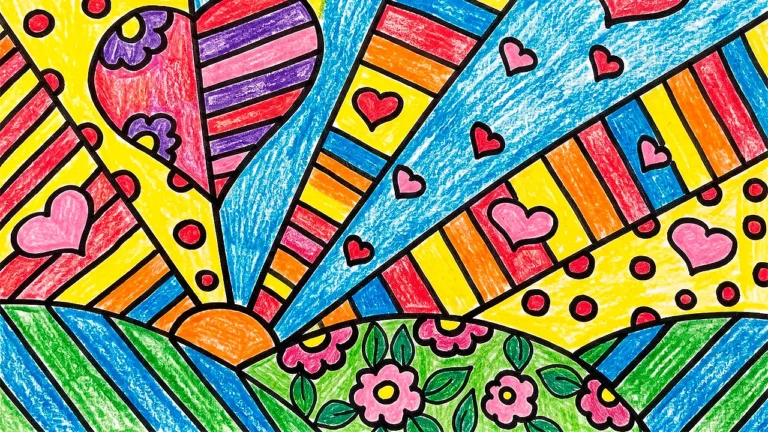Arte no estilo Romero Britto colorida com giz de cera.