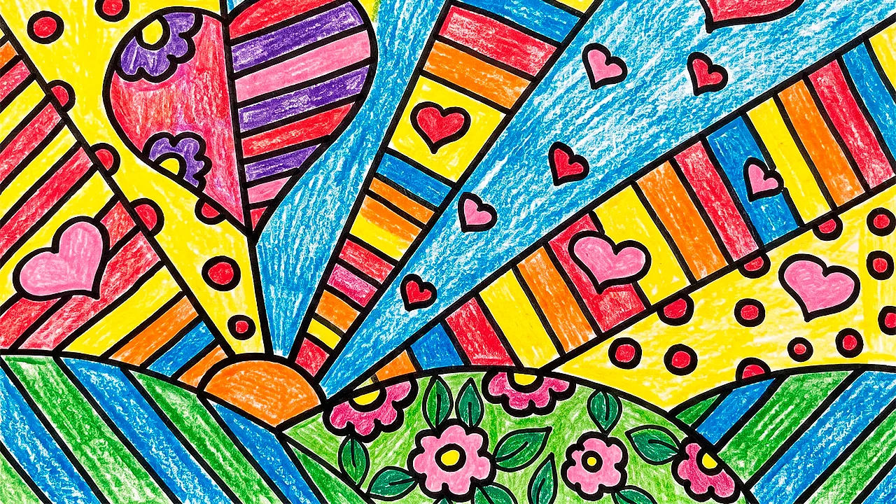 Arte no estilo Romero Britto colorida com giz de cera.