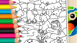 Desenho para colorir Gatinho e Cachorrinha em Trilha no Riacho para Colorir