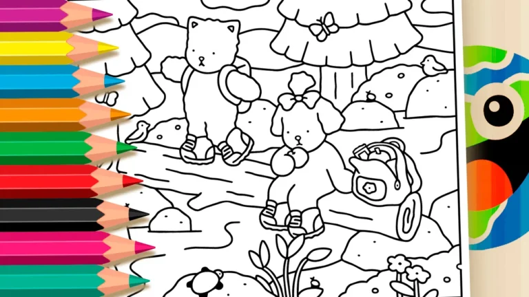 Gatinho e Cachorrinha em Trilha no Riacho para Colorir