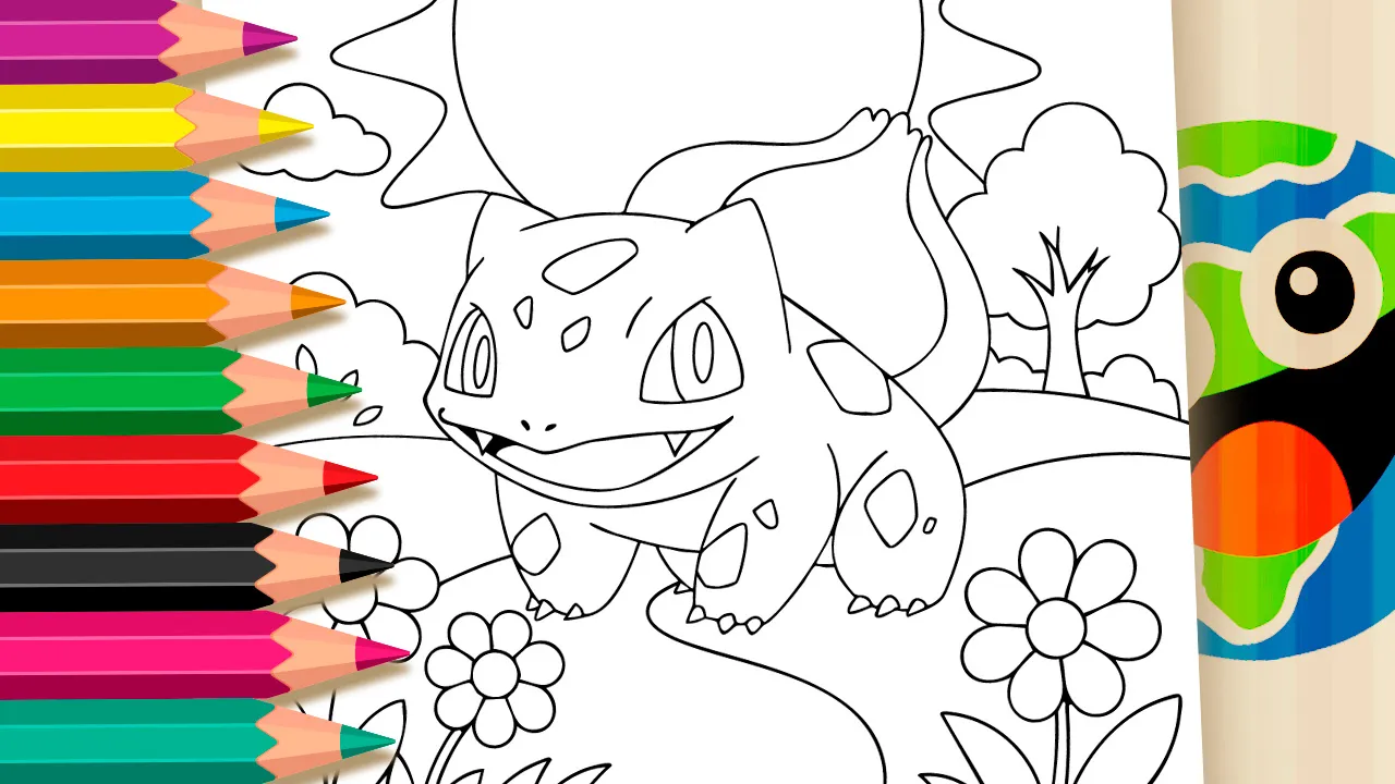 Bulbasaur para Colorir: Sol e Flores