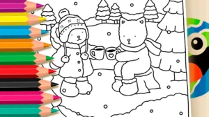 Desenho para colorir Ursinho e Gatinho no Inverno para Colorir