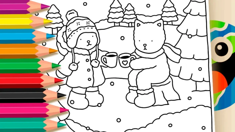 Ursinho e Gatinho no Inverno para Colorir