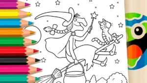 Bruxa e Gato na Vassoura para Colorir