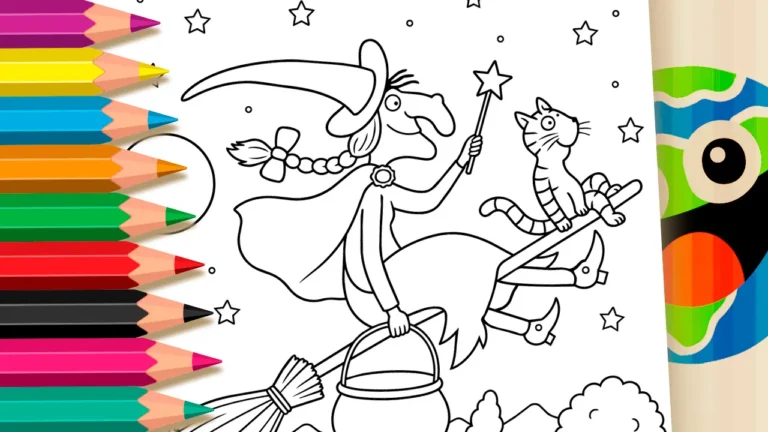 Bruxa e Gato na Vassoura para Colorir