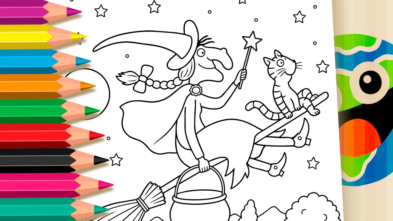 Bruxa e Gato na Vassoura para Colorir