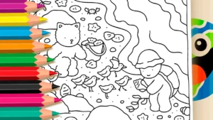 Desenho para colorir Ursinho e Tartaruga Recolhendo Conchinhas