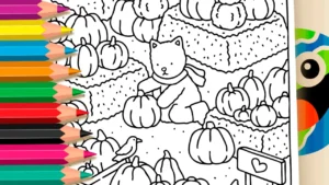 Gatinho na Colheita de Abóboras para Colorir