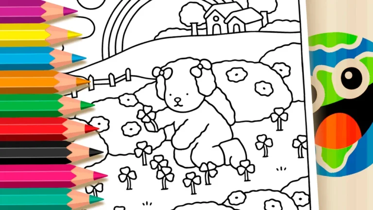 Cachorrinha com Trevo e Arco-Íris para Colorir