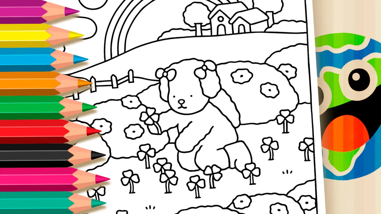 Cachorrinha com Trevo e Arco-Íris para Colorir