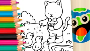 Gatinho de Gravata Alimenta Patinhos para Colorir