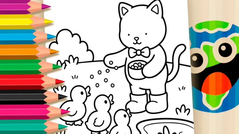 Gatinho de Gravata Alimenta Patinhos para Colorir