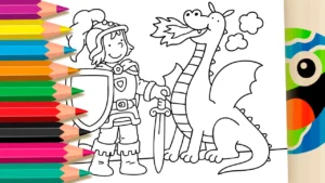 Cavaleiro e Dragão Soltando Fogo para Colorir