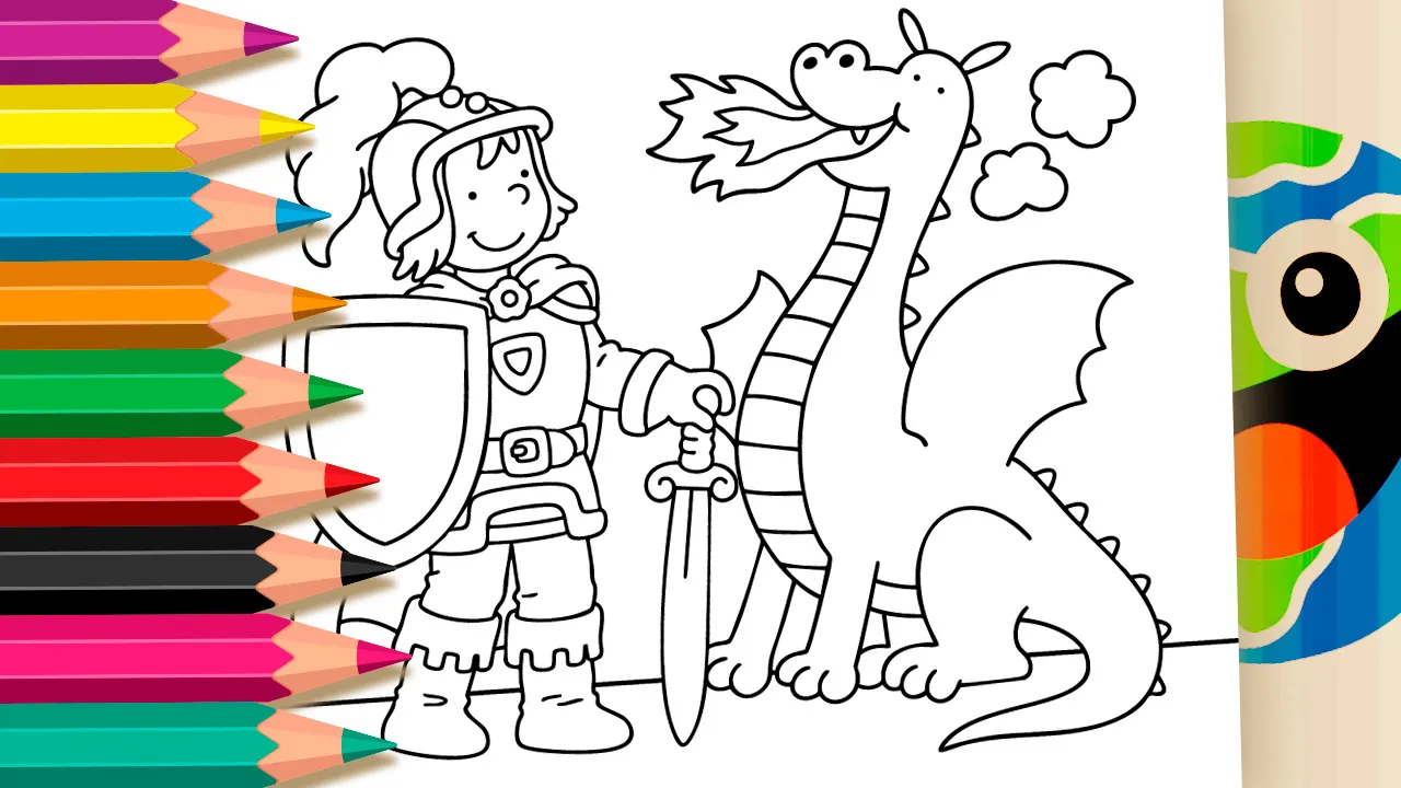Cavaleiro e Dragão Soltando Fogo para Colorir