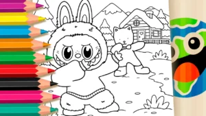 Desenho para colorir Labubu e Gatinho Dançando na Montanha