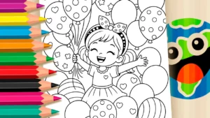 Menina com Balões Kawaii para Colorir