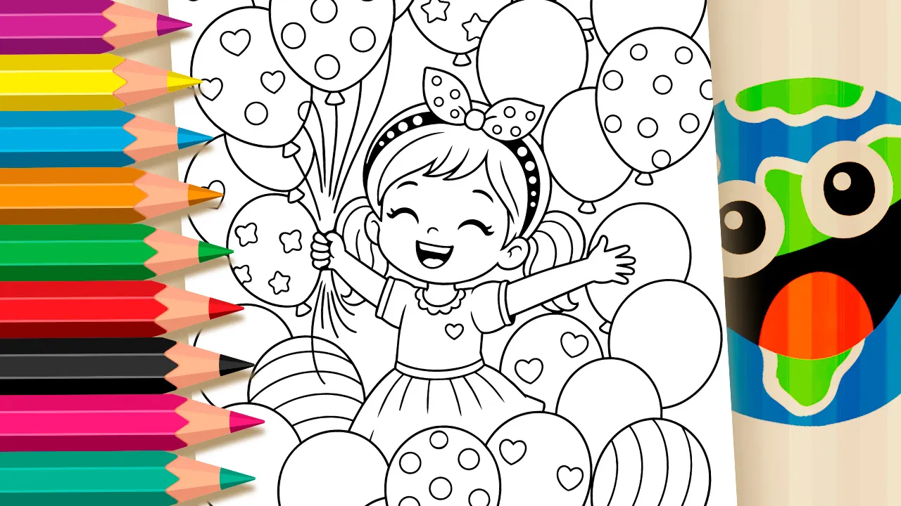 Menina com Balões Kawaii para Colorir