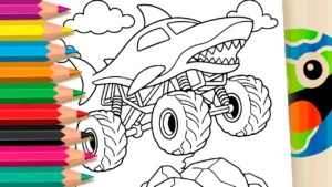 Desenho para colorir Monster Truck Tubarão Saltando sobre Pedras