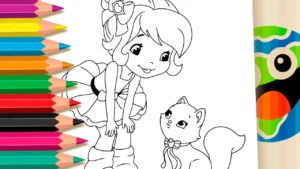 Desenho para colorir Garotinha com Gatinha para Colorir