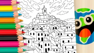 Vila na Colina com Torre e Pássaro para Colorir