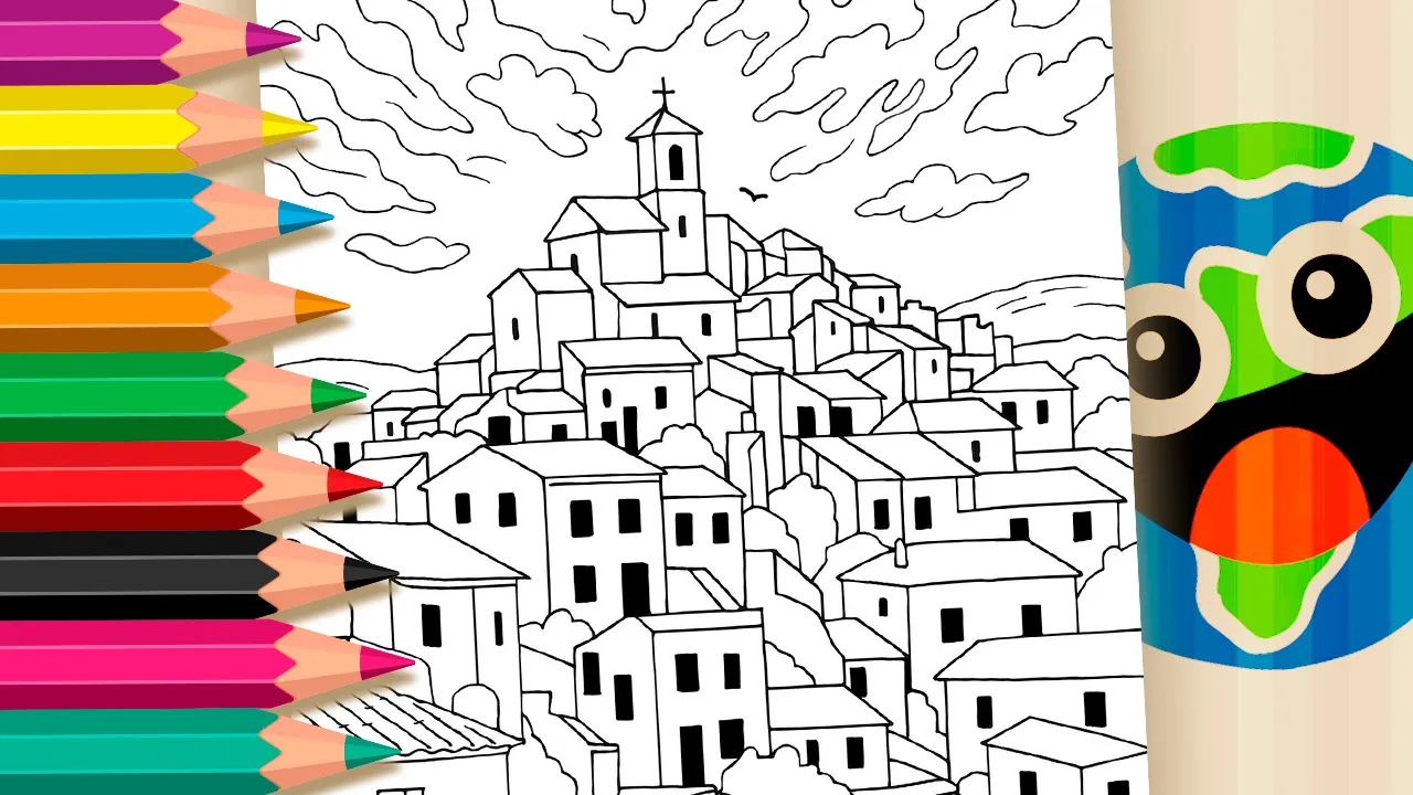 Vila na Colina com Torre e Pássaro para Colorir