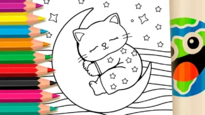 Gatinho Dormindo na Lua para Colorir