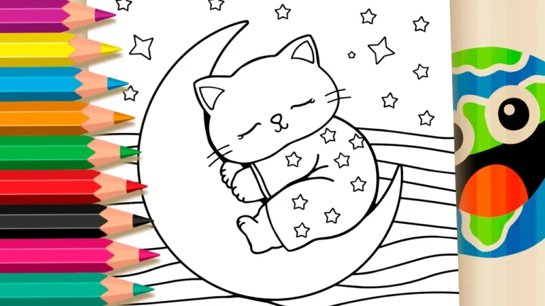 Gatinho Dormindo na Lua para Colorir