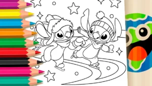 Stitch e Angel Patinando no Gelo para Colorir