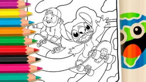 Desenho de Stitch e Vovô Skatista para Colorir