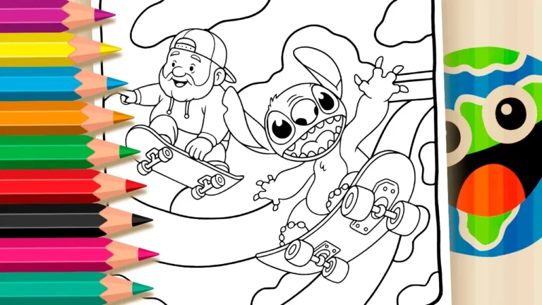 Desenho de Stitch e Vovô Skatista para Colorir