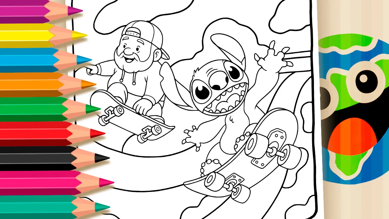 Desenho de Stitch e Vovô Skatista para Colorir