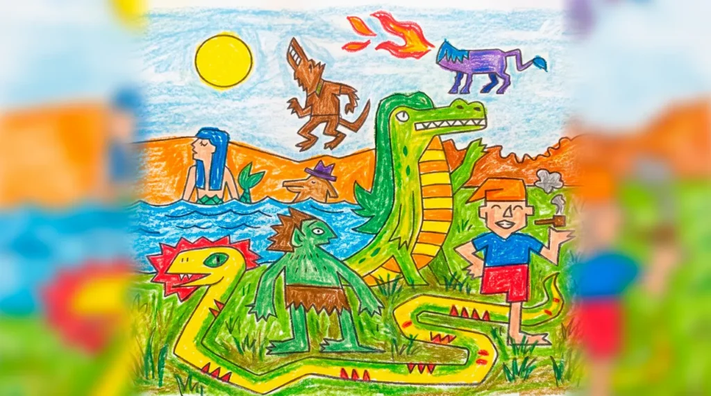 Desenho colorido dos personagens do Folclore brasileiro