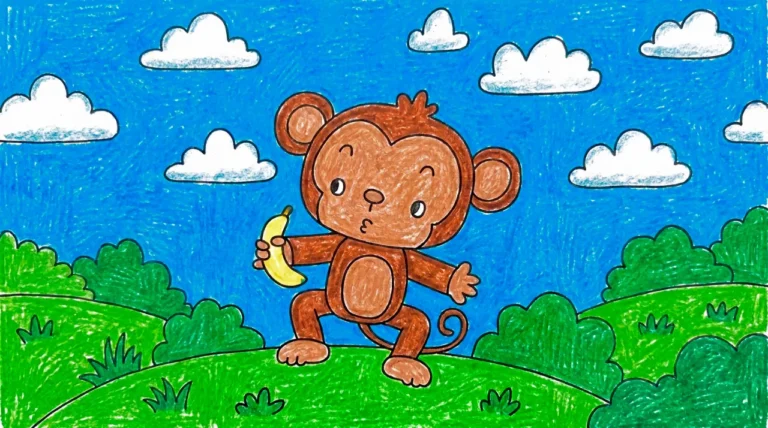 Macaquinho e sua banana coloridos com giz de cera.